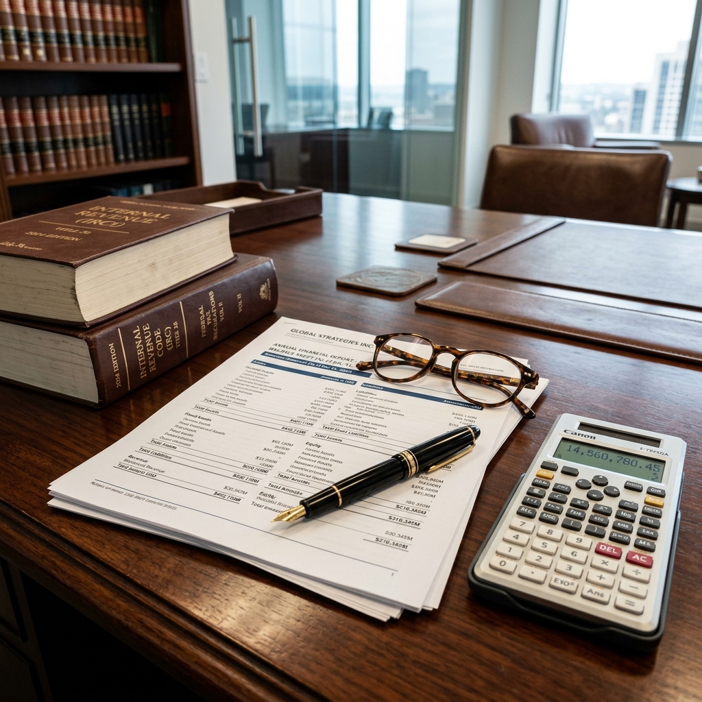 Papeles de balances contables y leyes tributarias sobre mesa ejecutiva de Letona