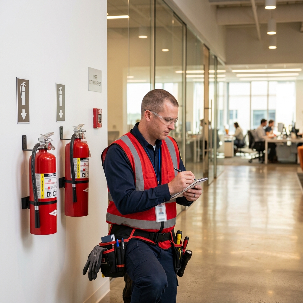 Técnico LEOCAL inspeccionando extintores en edificio comercial