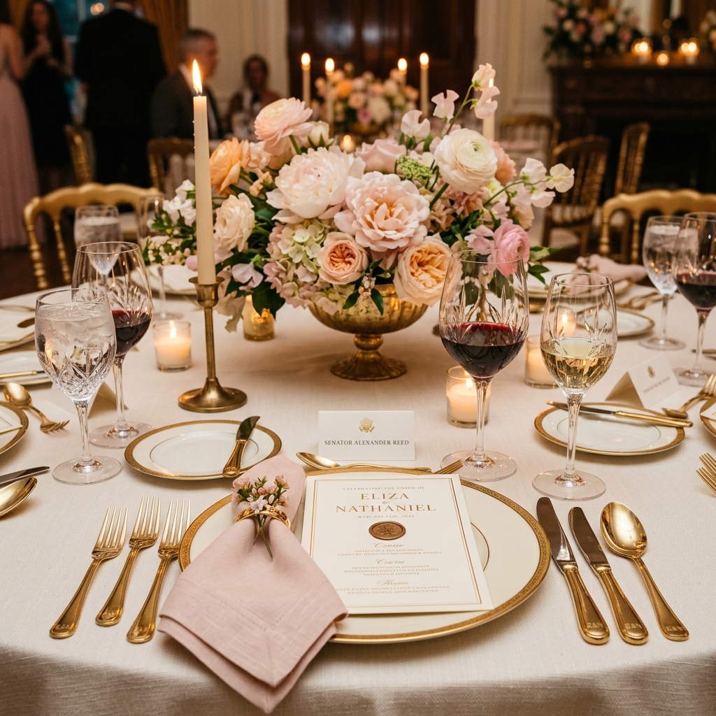 Detalles florales y cristalería de lujo sobre mesa en Nayeli Eventos